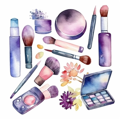 Watercolor cosmetic icons isolated on white background. Makeup clipart, elements for a beauty blog, watercolor beauty clipart, self-care, fashion illustration