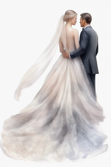 amazing detailed watercolor clipart of a beautiful bride with a beautifully detailed couture dress and a long veil and a handsome groom, solid white background, cinematic light lighting, hyper-detailed, 8k, high resolution, symmetrical, bodyshot photograph, insanely detailed and intricate, beautiful, elegant, watercolor, cinematic