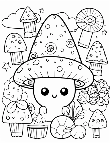 A kawaii pizza slice with friendly eyes, topped with adorable ingredients like mushrooms and pepperoni For Simple Coloring page,line art, thick lines, black and white,clipart, illustration, on white background,margin Page 10px