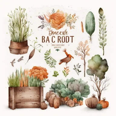 rustic decor garden watercolor clipart on white background, brown green terracotta orange wood white grey, carrot