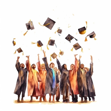 watercolor style, Graduation hat toss: Clipart showing a group of graduates throwing their caps in the air, celebrating the completion of their studies. clipart, isolated on white background, 4K