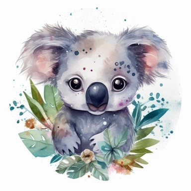 The most cutest cartoon baby koala with big open eyes, clipart, watercolor, dream art, baby animals, vector art, children art, particles around the object, children cartoon, sticker art design, white background,