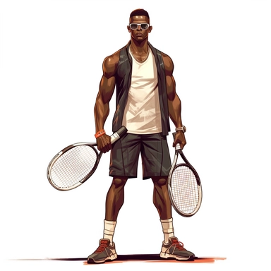 full body clipart dark skinned extremely handsome muscular black man in with head band tennis outfit with tennis racket