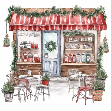 Christmas Cafe Storefront Clipart , create Hang garlands or fairy lights around the outdoor seating area. Set up a hot cocoa or mulled wine station with festive mugs and garnishes. Place a small Christmas tree or a centerpiece on each table. single object ,hand drawn illustration, no shadow, cozy ,soft color , warm ,white background with margins, hand drawn illustration,highly detailed ,white background for removing background