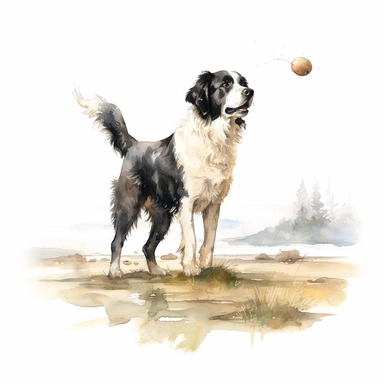 Landseer, Playing Fetch, watercolor, Clipart, white background, no text, no caption