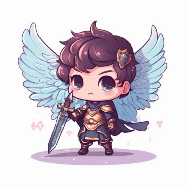 kawaii cute boy, fairy knight, tiny chibi body with armor, crown, wings, smerk, super long cape, smile, clipart, sticker, retrowave style, no background, hd