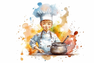 Watercolor, Design a cartoon character dressed in a chef's hat and apron, cooking up a storm clipart, hd, on a white background, spaced out