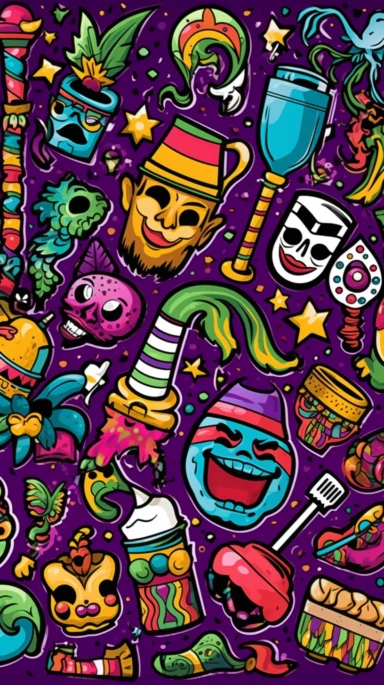 mardi gras decorations from cliparts images ai, in the style of pop art style graphics, light purple and dark green, mcdonaldpunk, hand-drawn animation, cartelcore, primary colors, caravaggism