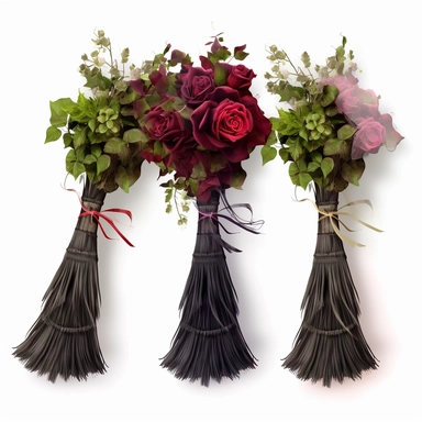 clipart, little gothic witch broom variations decorated with greenery and roses, isolated on a white background, vector, dark colors, realistic, 3D, no shadows, super-resolution, 32K, no shadows