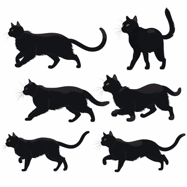 collection black cat in profile, running, clipart, white background