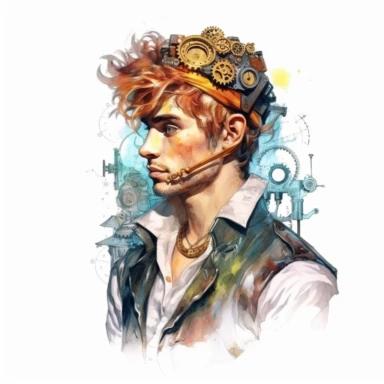beautiful stunning handsome steampunk young man, he has coloured hair, paint art style, clipart, white background, superrealistic, one of a kind