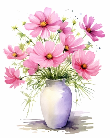 detailed vibrant watercolor bouquet of pink cosmos in plain ceramic vase white space , isolated on white background, realistic, clipart