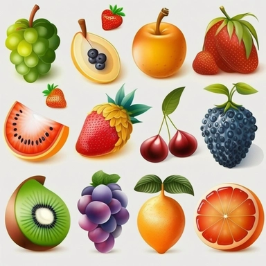 beautiful, 10 fruit stickers collection, clipart design, cartoon, 4k, white background, photo realism