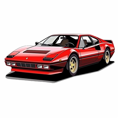 in clipart style, vector image, A meticulously crafted illustration of a red 1975 Ferrari 308 GTB , highlighting its iconic design and graceful contours, placed against pure white background (style: evoking the accuracy and refinement of classic automobile blueprints) (lighting: (colors: an elegant palette for the car's body set against a pristine, white backdrop) (composition: captured from a side view or three-quarter angle using a 35mm lense ensuring enough space is between the car and pictur
