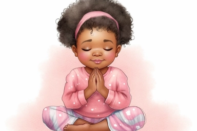 6 Watercolor happy cute beautiful brown skin african American baby girl praying wearing pink pajamas, clipart, isolated, white background, spaced out--q 2