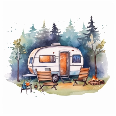 camping style cute caravan in the campground at the night with watercolor effect,night landcsape,camping tools,camping chairs and table,caravan pengola,forest landscape,suitable for digital clipart,white background