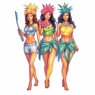 the watercolor painting on white paper shows 3 pineapples and some flowers, in the style of digital airbrushing, feminine sticker art, crossed colors, colorful costumes, bold colors, strong lines, dye-transfer, high resolution Clipart desert cartoon t-shirt graphic, vector,contour, isolated on a white background