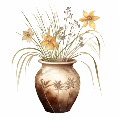 Design a dreamy watercolor clipart of a chinese-inspired ceramic pot with a Bouquet of dried grasses, seed pods, and foliage in shades of brown, tan, and cream for a natural and earthy display composition, hand-painted with soft and graceful brushstrokes. Draw inspiration from the artistic finesse of Ethereal Petals Watercolors for a refined and ethereal depiction. isolated on a white background, hand-drawn illustration, hand-painted watercolor texture, 16k UHD resolution, intricately detailed, 