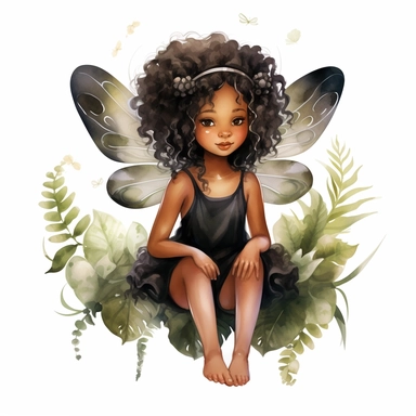 magical black little girl, fairy wings, clipart, disney style, watercolor, white background , sitting on a oval greenery