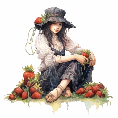 Front illumination of ultra realistic watercolor of full body of an insanely beautiful victorian era happy farm girl, sitting on the field with some strawberries next to her, strawberry themed highly detailed and realistic, insane quality, mystic, wiccan, art nouveau art style, clipart witchcore dreamcore cottagecore white background no text, isolated on white, ghibli style, watercolor illustration, award winning