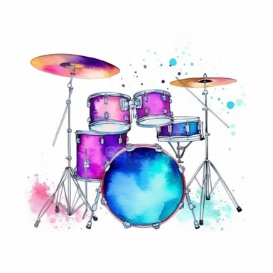 watercolor clipart, one individual drum set, vibrant splash of color, white background