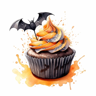 delicious black halloween cupcake with orange swirly icing and a bat, spider, spooky, watercolour illustration clipart, extremely detailed, 4k, high quality, isolated on white background watercolour