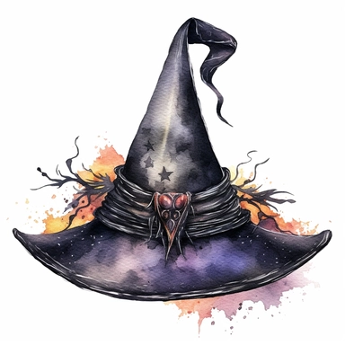 A photorealistic watercolor clipart illustration displaying a high-definition black witch hat with dark gothic decoration, isolated on a white background, 8K spooky mysterious fantasy aesthetic, in the style of intricately detailed watercolor clipart illustrations, ultra-realistic watercolor clipart illustrations, ultra-detailed watercolor clipart illustrations, HDR watercolor clipart illustrations, hyper-realistic watercolor clipart illustrations, UHD watercolor clipart illustrations, SLR water