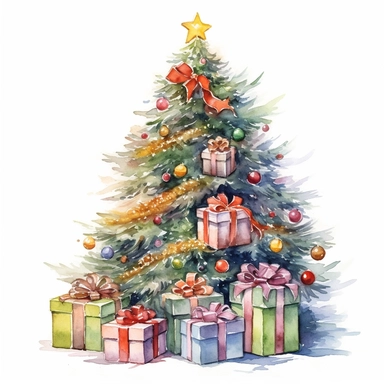 Beautiful decorated christmas tree with presents, isolated on white background, watercolor, high detail, unique, intricate detail, hand - painted lateral view, clipart, transparent background, clear background, high resolution, vector, 12k, 300 dpi, 12: 12 ratio