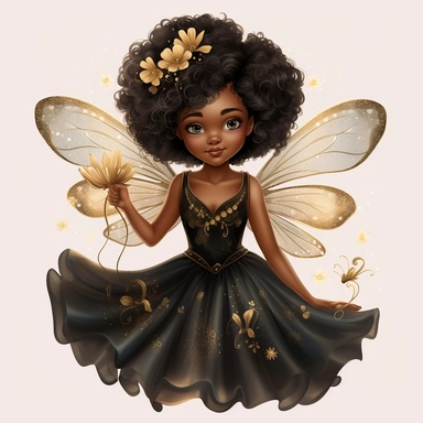 magical black little girl, fairy wings, clipart, disney style