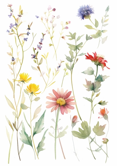 a watercolour of floral flourishes made out of very delicate summer wildflowers on white background for clipart, 8k