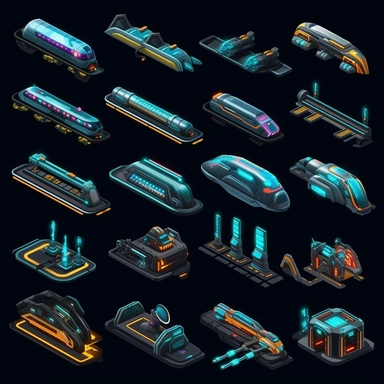 isometric, spritesheet, game assets, futuristic hover train tracks, isometric perspective, game sprite, sci-fi, cute, fun, creative, cartoon, clipart, hyper-detailed, black background