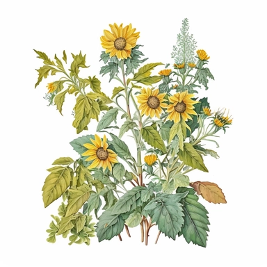 watercolour sunflower bush, Inti Raymi style, clipart, white background--no text
