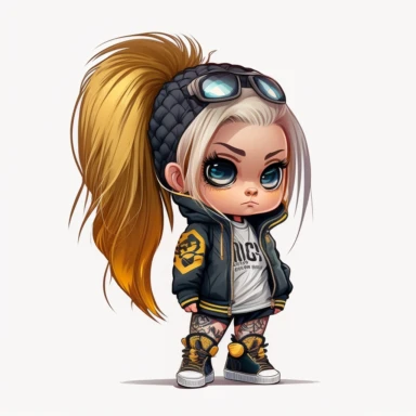 chibi white girl, colorful cloth, mesh bun hair style, gold hair, full length portrait clipart, sneakers, white background, A sharp photograph of an expensive, ultra realism, cinematic, epic, 8k,