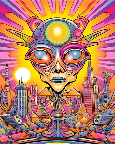 Artwork for t shirt graphic of majestic vibrant color magnificent funny Alien with planets and solarsystem in the Back, starting Rocket from the ground, in a pencil drawing style, A vibrant featuring a sun setting over a futuristic City, with a soft pink sky and a hint of orange in the horizon white background, colorful shades, Centered, highly detailed clean, vector image, photorealistic masterpiece, professional photography, realistic, flat white background, isometric, vibrant vector, clipart,