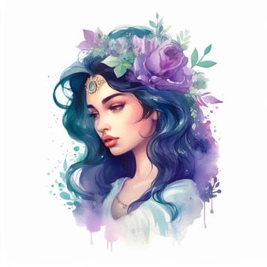 dreamy realistic watercolor princess jasmine, clipart, white background, florals, violet and aquamarine, transparent medium, dark hair, Arabic skin color
