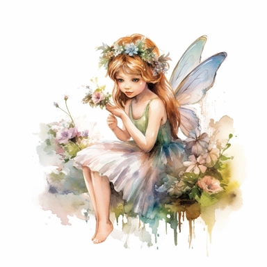 Craft a watercolor clipart image that portrays a realistic little fairy. Employ a meticulous technique, blending soft hues and subtle textures to achieve a lifelike appearance. Picture the fairy with ethereal wings, dressed in a graceful ensemble inspired by nature. Place her amidst a picturesque setting, featuring dainty flowers, gentle sunlight filtering through the leaves, and a touch of sparkling fairy dust.