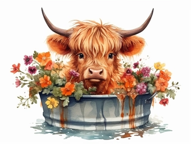 realistic watercolor cute baby highland cow in metal tub and multicolored flowers floral bouquet, full body, white background, children book illustration, 8k, ultra detailed clipart, warm colors
