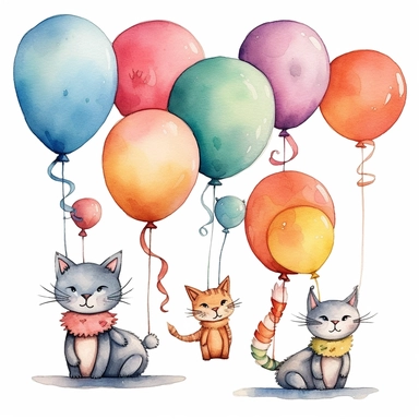 flying cat tied to a balloon clipart, balloons lined up side by side clipart , party balloons clipart, birthday party centerpiece, watercolor clipart