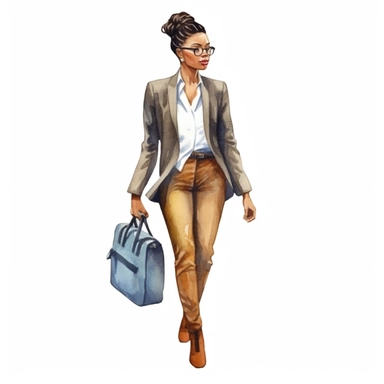 watercolor style, travelling african american business woman in classic clothes, realistic. Clipart, isolated on white background, 4K