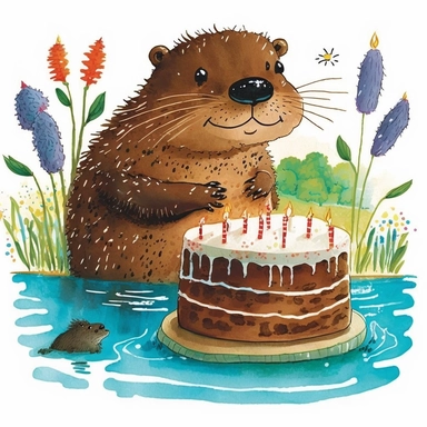 clipart, beautiful smiling,Beaver,with birthday cake, Usborne and Eric Carle,