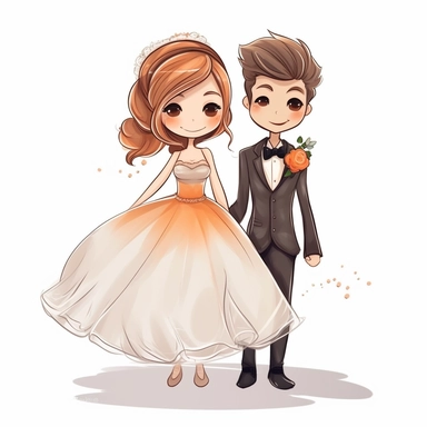 Cute cartoon wedding bride and groom vector, clipart, white background, in the style of elegant realism, muted and subtle tones, detailed painting, transparency and lightness, light orange and dark bronze