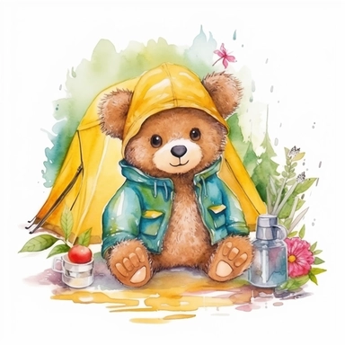 cute happy baby teddy bear wearing clothes camping activities clipart watercolor style in nature bright colors white background