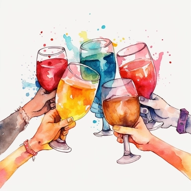 watercolor, Friends hands holding glasses and mugs with champagne, wine, beer, cocktail and tea, and cheers or drinking toast to friendship. png Full body realistic cartoon in 32K UHD cute. 15 cm thick outline. Black color. There was no shadow on the ground. 8k with realistic watercolors and detailed illustrations. PNG clipart, transparent white background