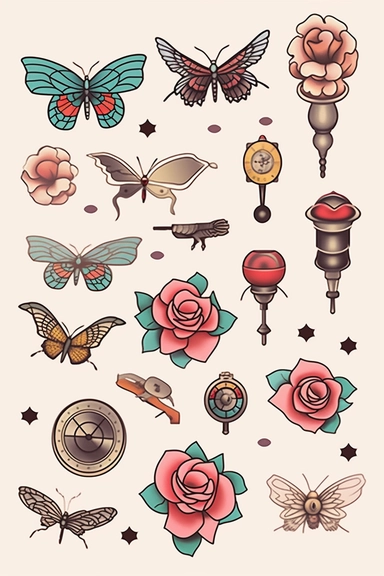 tattoos vector clipart on light background, vector cute collection, in the style of #screenshotsaturday, light black pastel background, flat areas of color, flat color blocks, 1970–present, rough-edged 2d animation, lightbox, colorful animation stills, high quality clipart, front view