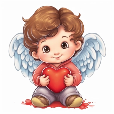 a happy cute little angel cupid a two year old, red heart in hands, style by Lusy Fleming, folk art, watercolor, clipart elements, smooth gradients, black contour outline, ultra detailed, white background, super clear, high quality