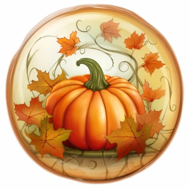 vivacious stined glass pumpkin in a round frame surrounded by fall leaves in rich orange colors, clipart, hd