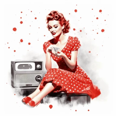 Beautiful pretty pin up young woman, red polka dots, dusting retro TV, weaing red heels, 50's, paint art style, detail, clipart, white background, superrealistic,