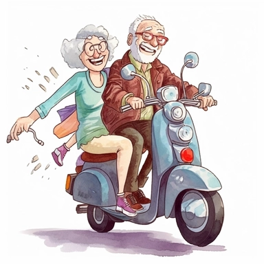 Grandpa drove Grandma by motorbike, Funny Grandparents, illustration, extremely detailed, illustration clipart, on white background, watercolor
