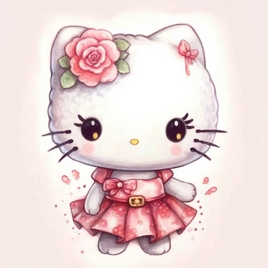 hello kitty, hand drawn, watercolor, clipart, cute cartoon illustration, simple, white background