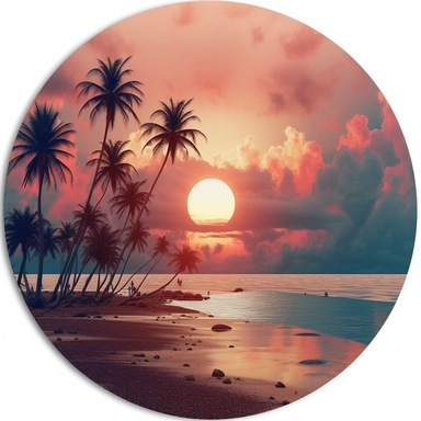 clipart of a beach, sunset, photograph style, detailed, high quality, white circle background